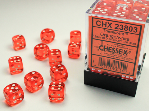 Translucent 12mm d6 Orange/white Dice Block™ (36 dice) - zum Schließ en ins Bild klicken
