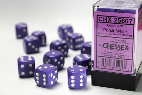 Opaque 16mm d6 Purple/white Dice Block™ (12 dice) - zum Schließ en ins Bild klicken