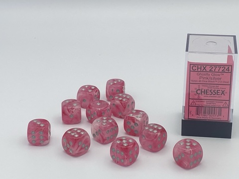 Ghostly Glow™ 16mm d6 Pink/silver Dice Block™ (12 dice) - zum Schließ en ins Bild klicken