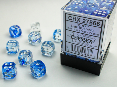 Nebula® 12mm d6 Dark Blue/white Dice Block™ (36 dice) - zum Schließ en ins Bild klicken