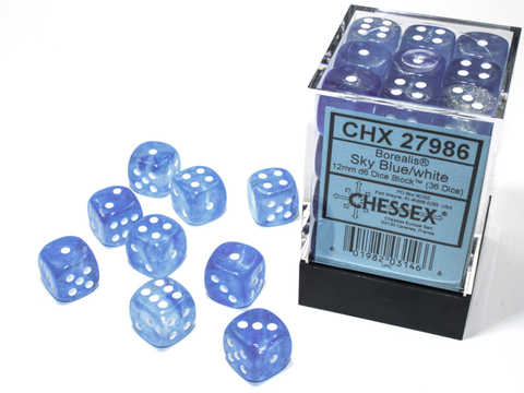 Borealis® 12mm d6 Sky Blue/white Luminary™ Dice Block™ (36 - zum Schließ en ins Bild klicken