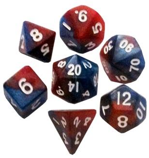 Mini Polyhedral Dice Set Red Blue with White Numbers - zum Schließ en ins Bild klicken