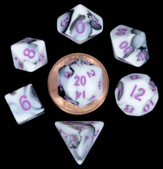 Mini Polyhedral Dice Set: Marble with Purple Numbers - zum Schließ en ins Bild klicken