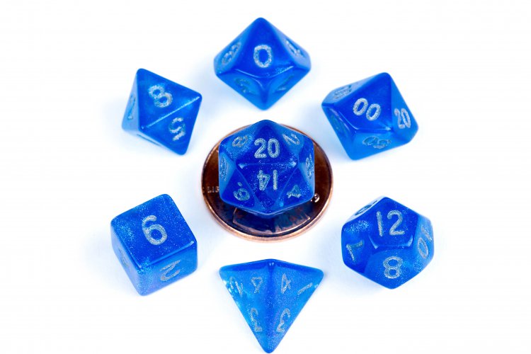 10mm Mini Stardust Acrylic Poly Dice Set: Blue w/ Silver Numbers - zum Schließ en ins Bild klicken