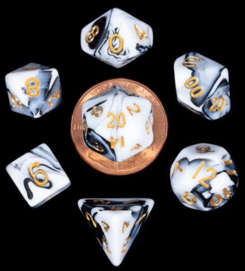 Mini Polyhedral Dice Set: Marble with Gold Numbers - zum Schließ en ins Bild klicken
