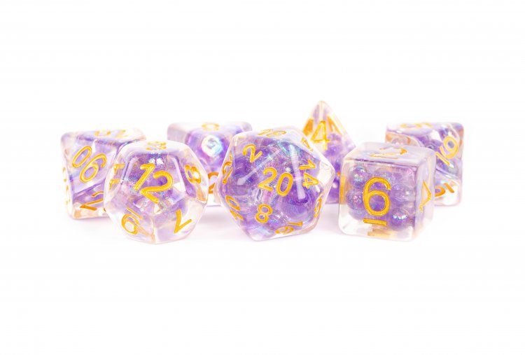 16mm Resin Poly Dice Set: Pearl Purple with Gold Numbers (7) - zum Schließ en ins Bild klicken