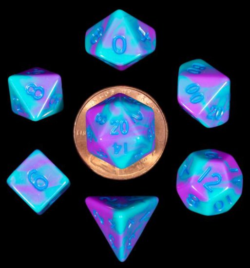 Mini Polyhedral Dice Set: Purple/Teal with Blue Numbers - zum Schließ en ins Bild klicken